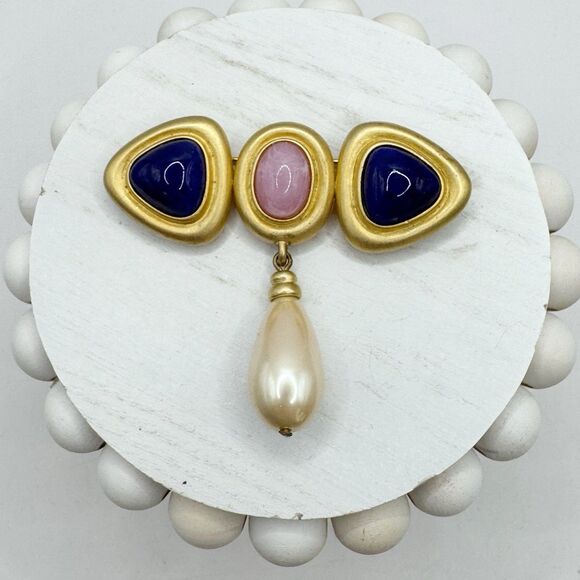 Vintage Mogul Style Pink Faux Gripoix Gold Tone Large Brooch Pin With Drop Pearl - Picture 2 of 9
